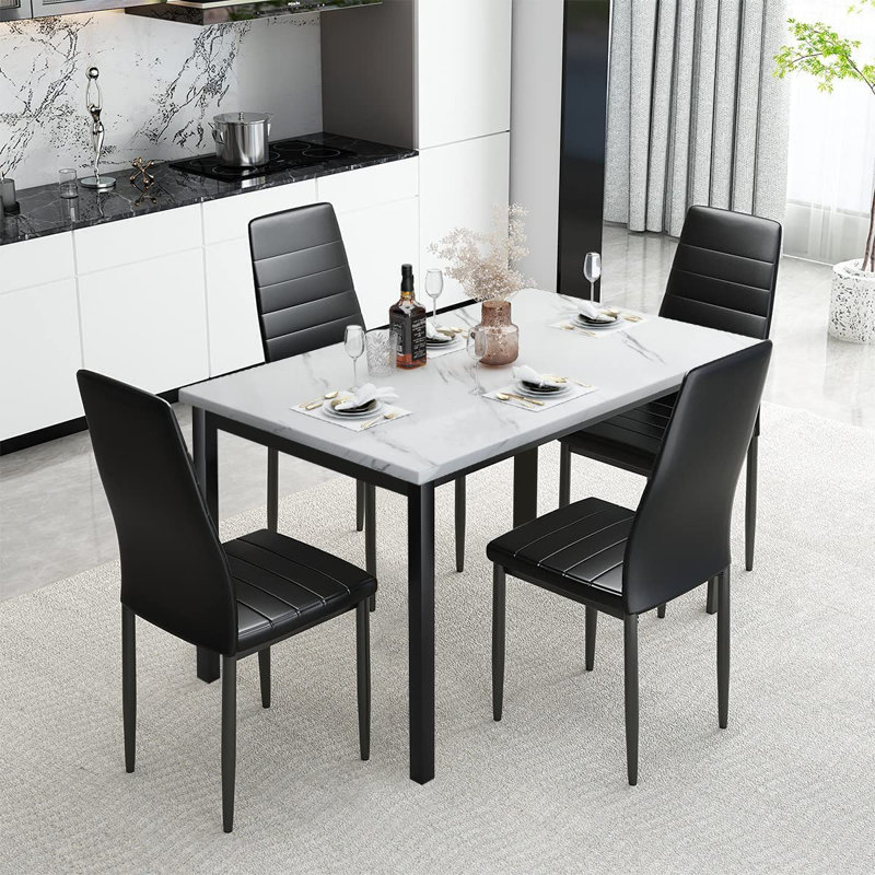 Latitude Run Modern Style 5 Piece Faux Marble Top Dining Table Set With 4 Faux Leather Upholstered Dining Chairs Reviews Wayfair